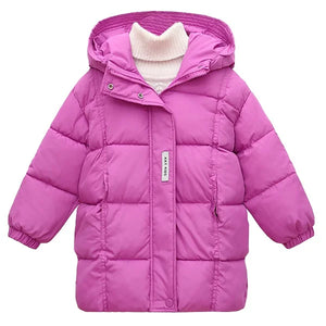 Pink puffer jacket with a white collar on a white background