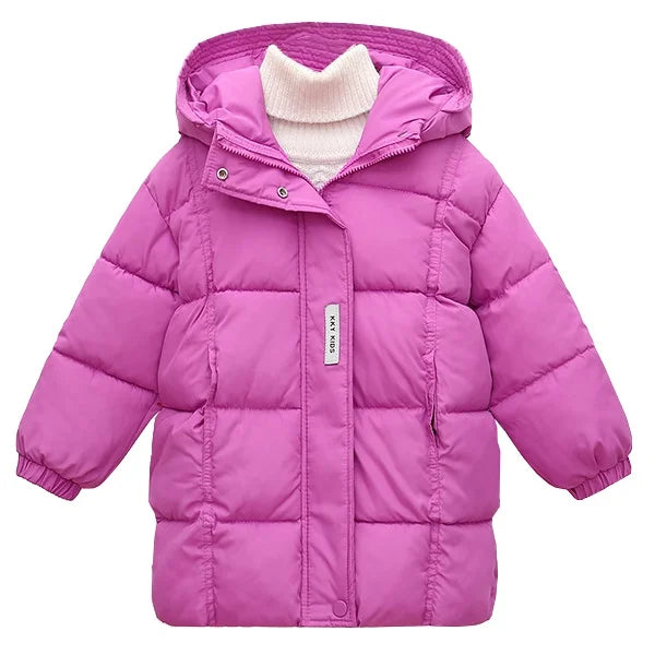 Pink puffer jacket with a white collar on a white background