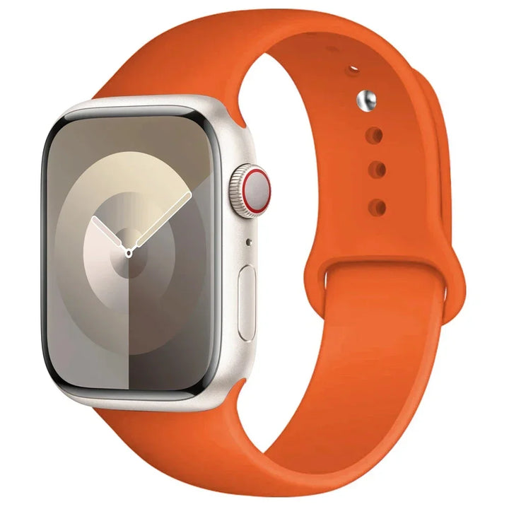 Silicone sport band for Apple Watch, compatible with Series 9/8/7/6/5/SE/Ultra, shown in vibrant colors.