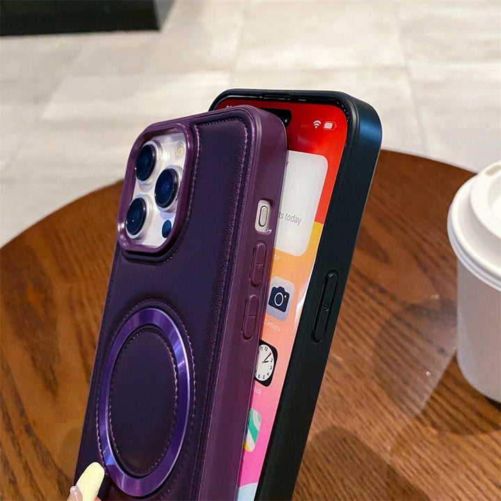 Magnetic Leather Phone Case for iPhone 16/15/14 Pro Max with sleek design and premium finish