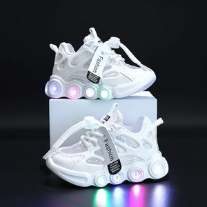 White sneakers with LED lights on a black background