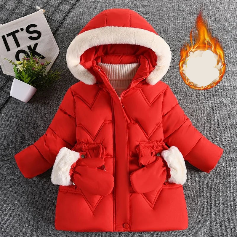 Red children's winter coat with white fur trim on a gray background