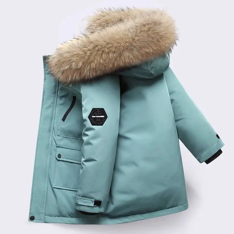 Light blue winter coat with fur hood on a white background