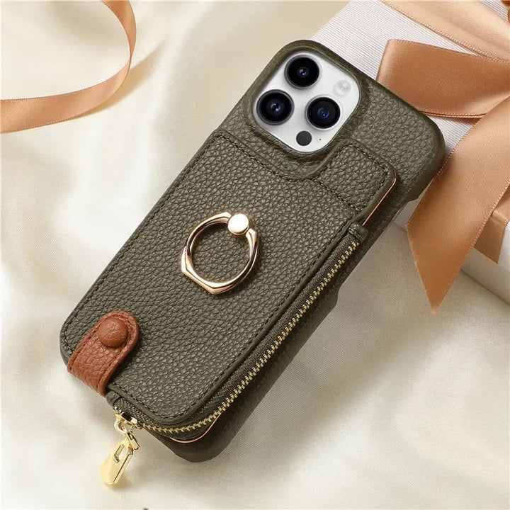 Luxury leather zipper wallet iPhone case with card holder and full protection, fits iPhone 11, 12, 13, 14, 15, and 16 Pro Max.