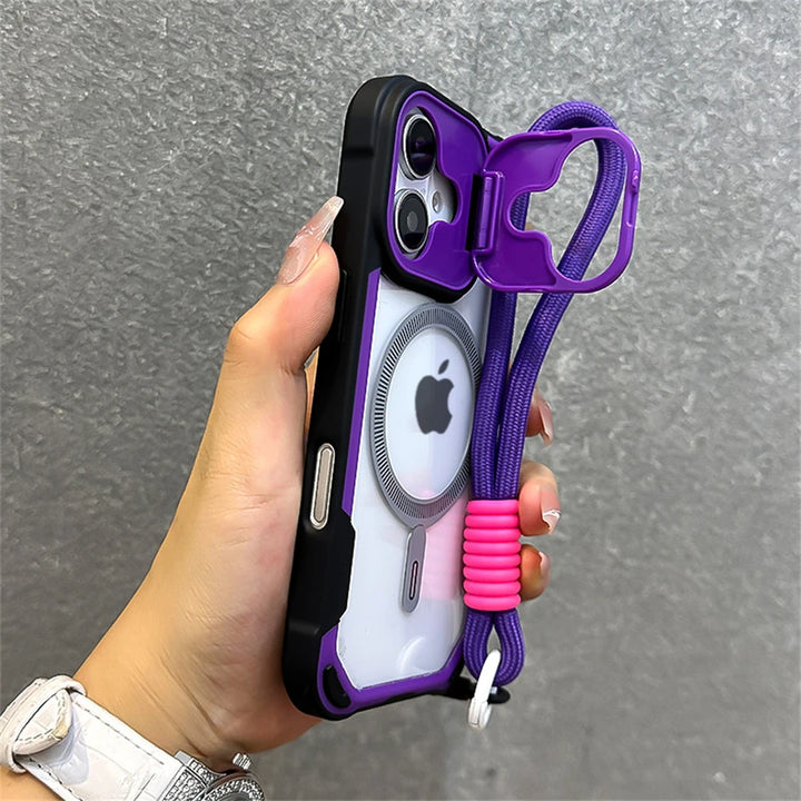 Wrist Strap Armor Case for iPhone 11, 12, 13, 14, 15 Pro Max – Shockproof, Anti-Scratch, Magnetic, With Lanyard