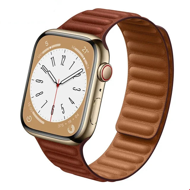 Stylish genuine leather Apple Watch band with magnetic loop closure, available in multiple colors.