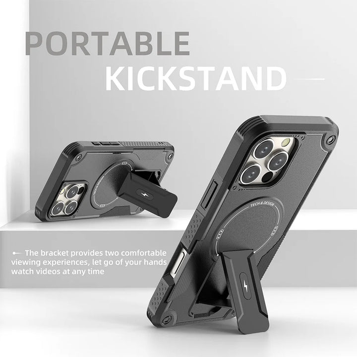 Military Shockproof Magnetic Case with Kickstand for iPhone 11–16 – Rugged Armor with Foldable Holder – Black, Green, Gold, Pink