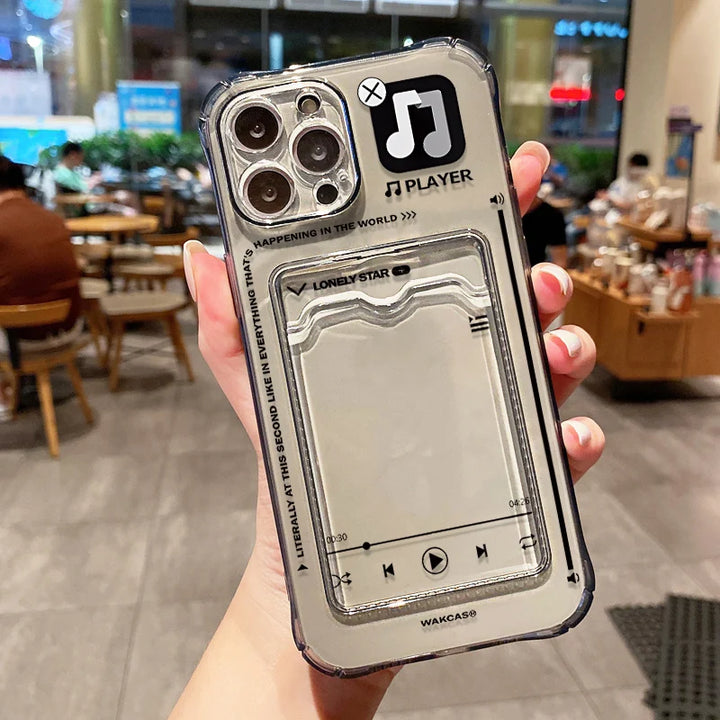 Transparent wallet card holder soft case for iPhone with card slots and shockproof protection.