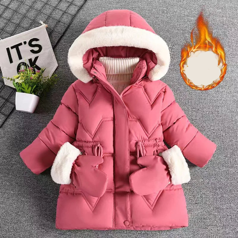 Pink children's winter coat with white fur trim on a gray background