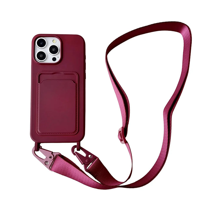 Crossbody Lanyard Necklace Rope Wallet Silicone Case For iPhone 16 15 Plus 14 13 12 11 Pro Max Slot Card Holder Plain Back Cover