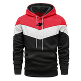 Color-blocked hoodie with red, black, and white sections on a white background