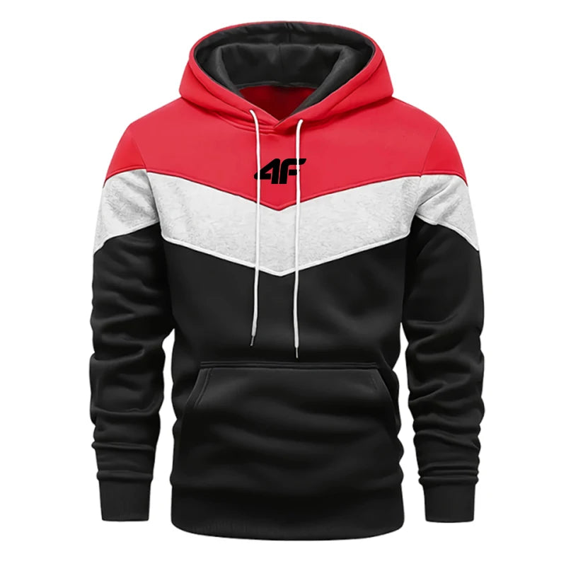 Color-blocked hoodie with red, black, and white sections on a white background