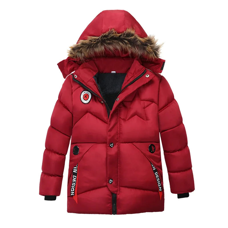 Red puffer jacket with fur-lined hood on a white background