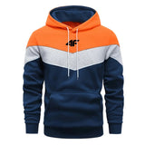 Color-blocked hoodie with orange, blue, and gray sections on a white background