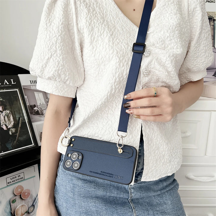 Luxury Litchi Leather Wrist Strap Crossbody Phone Case for iPhone 15 14 Pro Max in Retro Vintage Design
