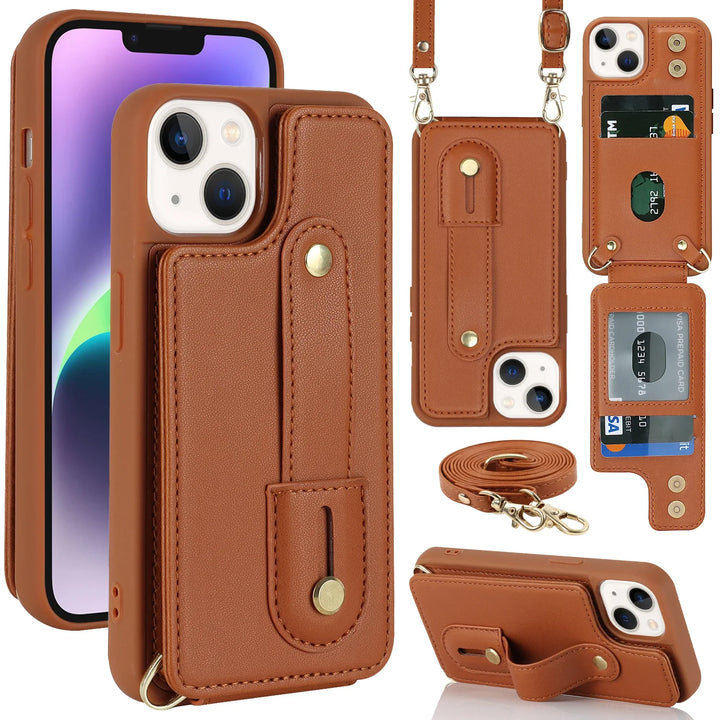 Crossbody Leather Wallet Case for iPhone 16/15/14/13/12/11 with Card Slot, Wristband & Lanyard