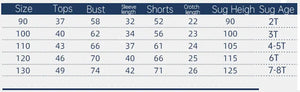 Table showing size chart for tops, bust, sleeve length, shorts, crotch height, and sug height with corresponding ages.
