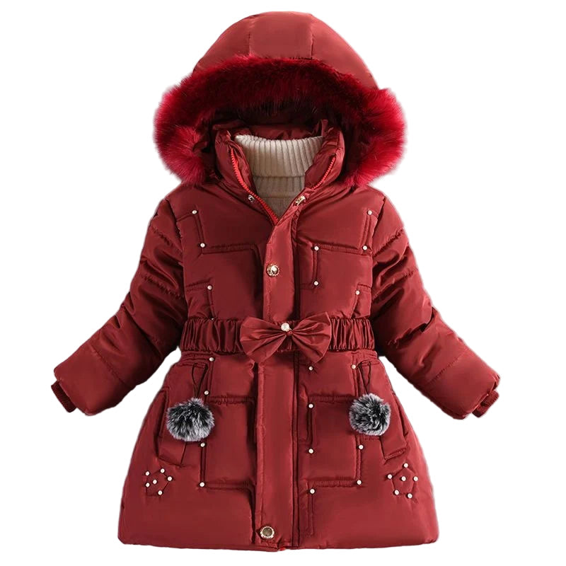 Red winter coat with fur-lined hood on a gray background