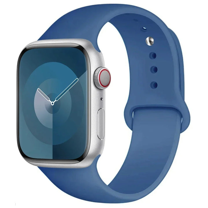 Silicone sport band for Apple Watch, compatible with Series 9/8/7/6/5/SE/Ultra, shown in vibrant colors.