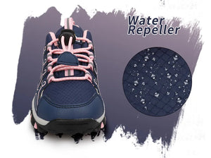 Blue water repeller shoe with pink laces on a white and purple gradient background