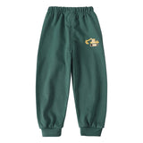 Green sweatpants with a yellow excavator logo on a white background