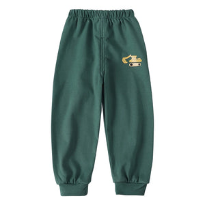 Green sweatpants with a yellow excavator logo on a white background
