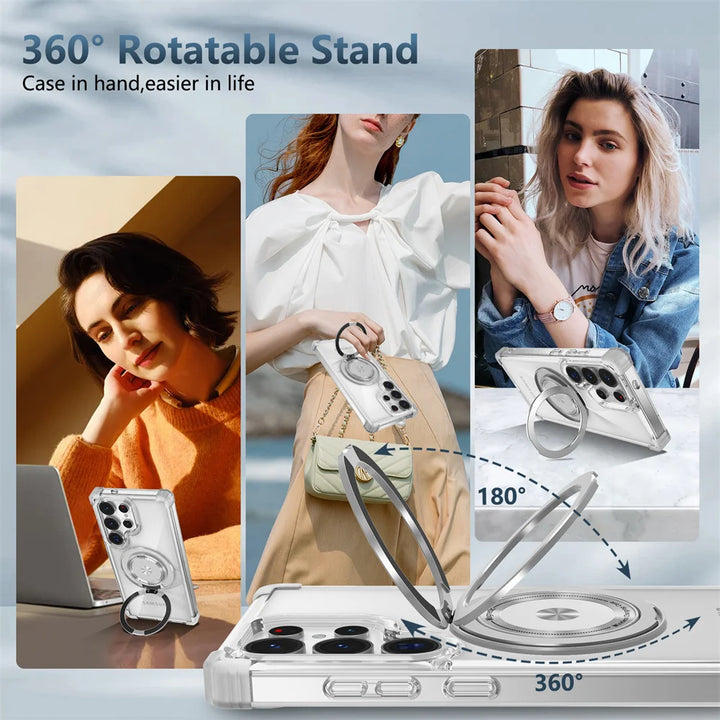 Rotating Magnetic Folding Stand Case with shockproof protection, reinforced corners, and wireless charging support for Samsung S25, S24, S23, S22, S21.