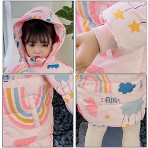 Child wearing a pink hooded jacket with colorful designs, including stars and rainbows.
