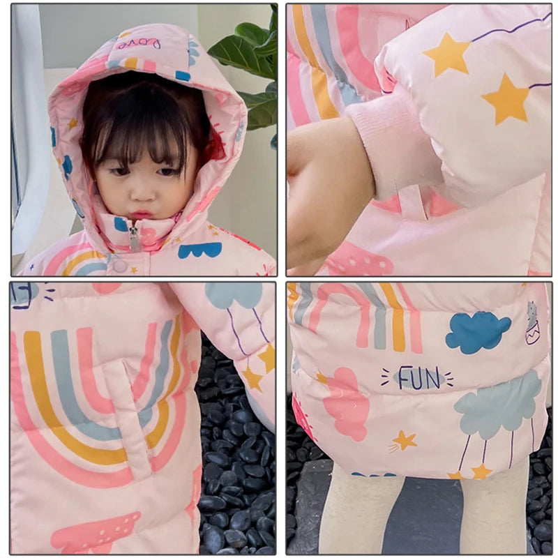 Child wearing a pink hooded jacket with colorful designs, including stars and rainbows.