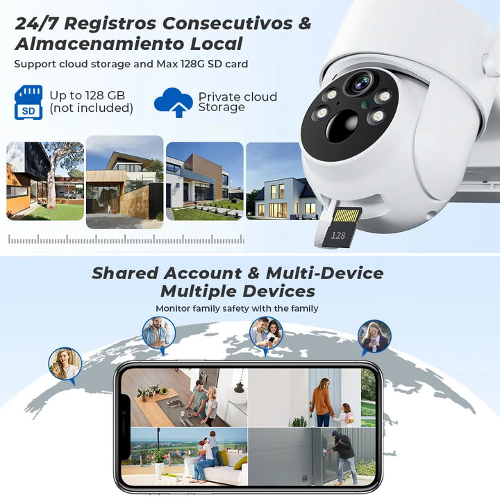 Security camera with features like cloud storage, SD card support, and family safety monitoring on a world map background.