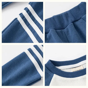 Collage of blue sweatshirt details including stripes and collar on a white background