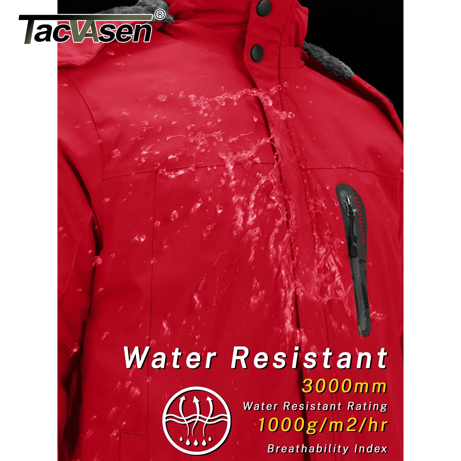 Red jacket with water-resistant feature and TacVasen branding
