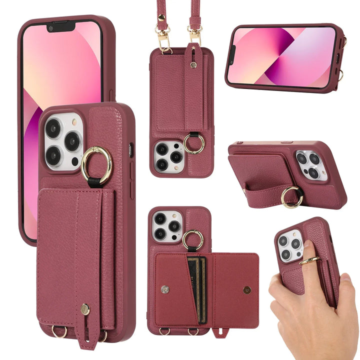 Leather Crossbody Wallet Case with Wristband and Card Slot for iPhone 15/16/14/13/12/11