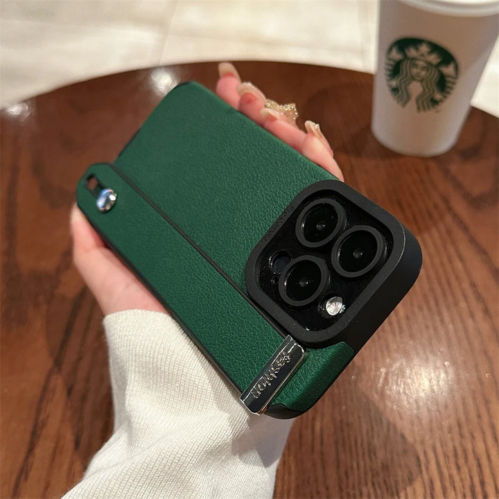 Luxury leather wrist strap stand iPhone case with full protection, fits iPhone 11, 12, 13, 14, 15, and 16 Pro Max & Plus.