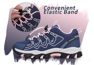Blue sneaker with pink elastic band feature on a purple background