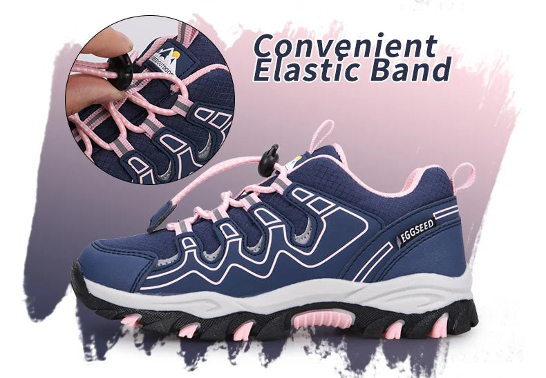 Blue sneaker with pink elastic band feature on a purple background