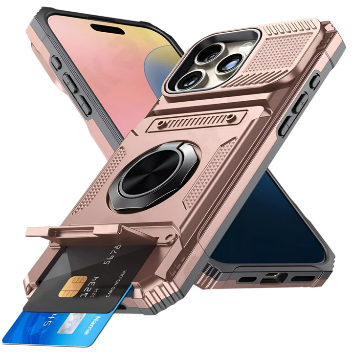 Magnetic iPhone Wallet Case with Rotating Ring Kickstand – Drop Protection & Card Pocket for iPhone 16 15 14 13 12 11
