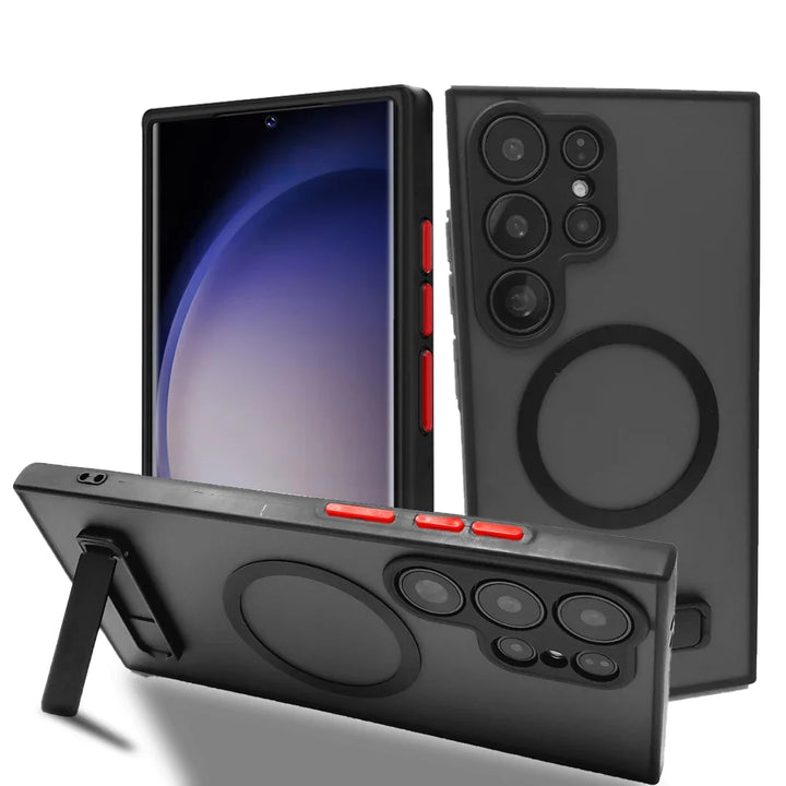 Matte Black MagSafe Kickstand Case for Samsung Galaxy S25 Ultra, S24, S23 FE, S22 Plus – Shockproof Slim Protective Cover