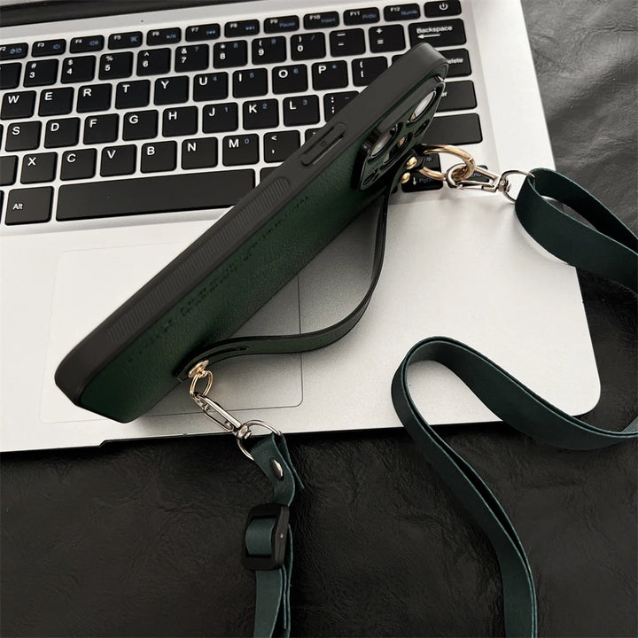 Luxury Litchi Leather Wrist Strap Crossbody Phone Case for iPhone 15 14 Pro Max in Retro Vintage Design