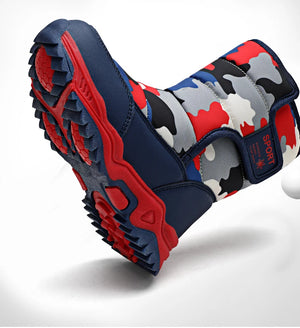 Camouflage-patterned boot with red and blue accents on a white background