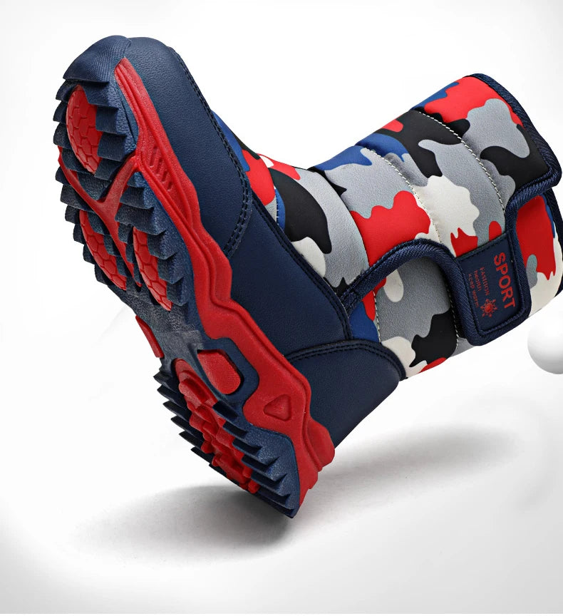 Camouflage-patterned boot with red and blue accents on a white background