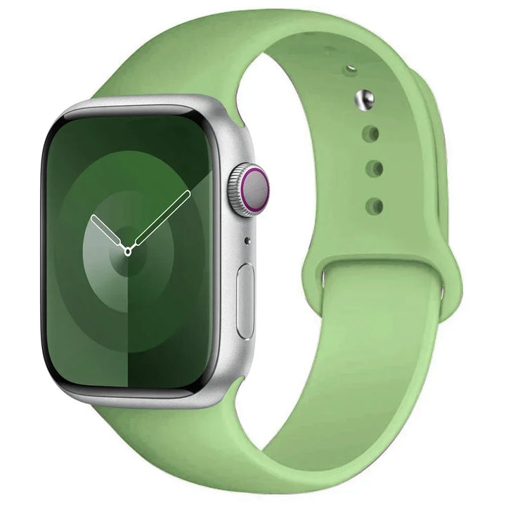 Silicone sport band for Apple Watch, compatible with Series 9/8/7/6/5/SE/Ultra, shown in vibrant colors.