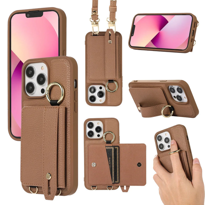 Leather Crossbody Wallet Case with Wristband and Card Slot for iPhone 15/16/14/13/12/11