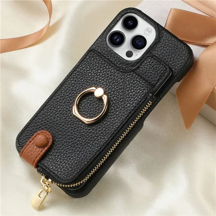 Luxury leather zipper wallet iPhone case with card holder and full protection, fits iPhone 11, 12, 13, 14, 15, and 16 Pro Max.