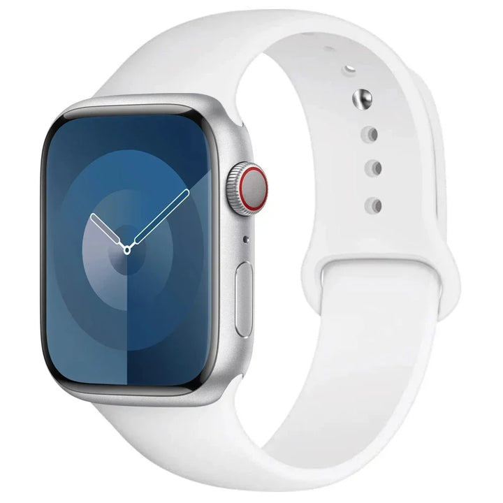 Silicone sport band for Apple Watch, compatible with Series 9/8/7/6/5/SE/Ultra, shown in vibrant colors.