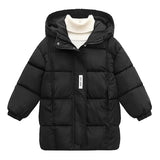 Black puffer jacket with a hood on a white background