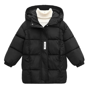 Black puffer jacket with a hood on a white background