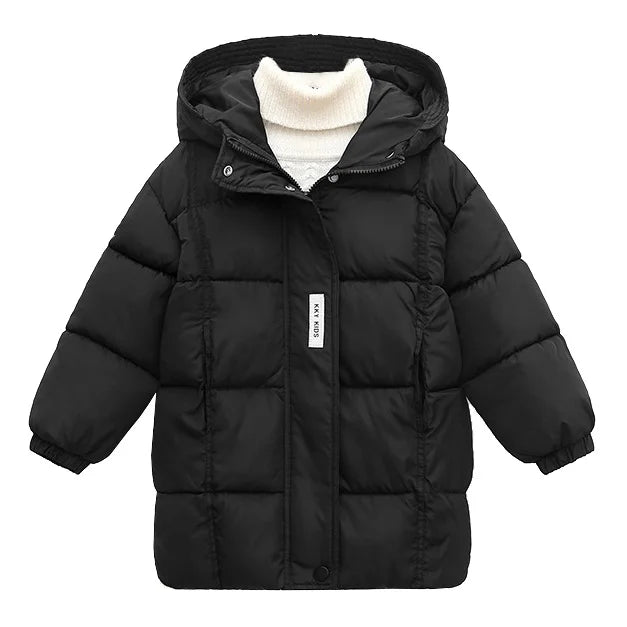 Black puffer jacket with a hood on a white background