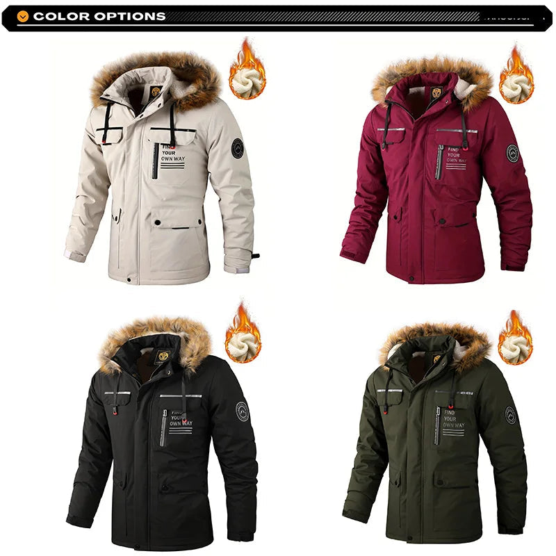 Four parka jackets in different colors with fur-lined hoods on a white background.
