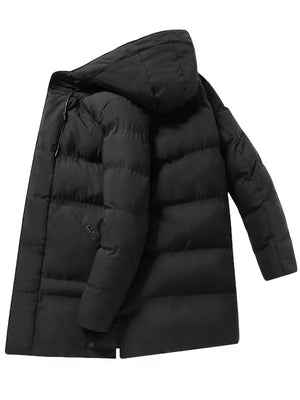 Black puffer jacket on a white background